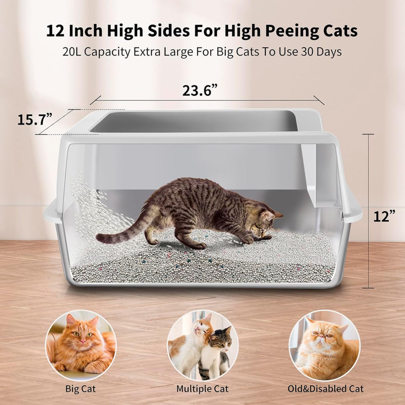 Tucker Murphy Pet Stainless Steel Litter Box With Lid XL Extra Large Cat Litter Box Enclosure For Big Cats With High Sides And Scoop Easy Clean Met